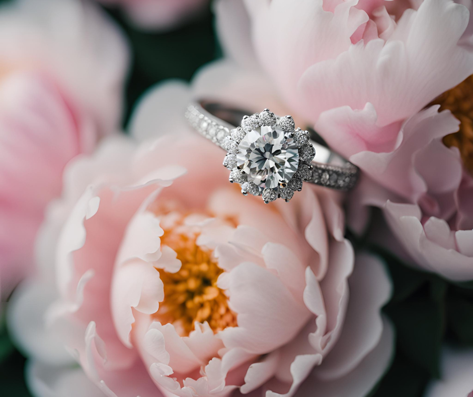 Closeup of a diamond engagement ring set between two pink peony flowers.