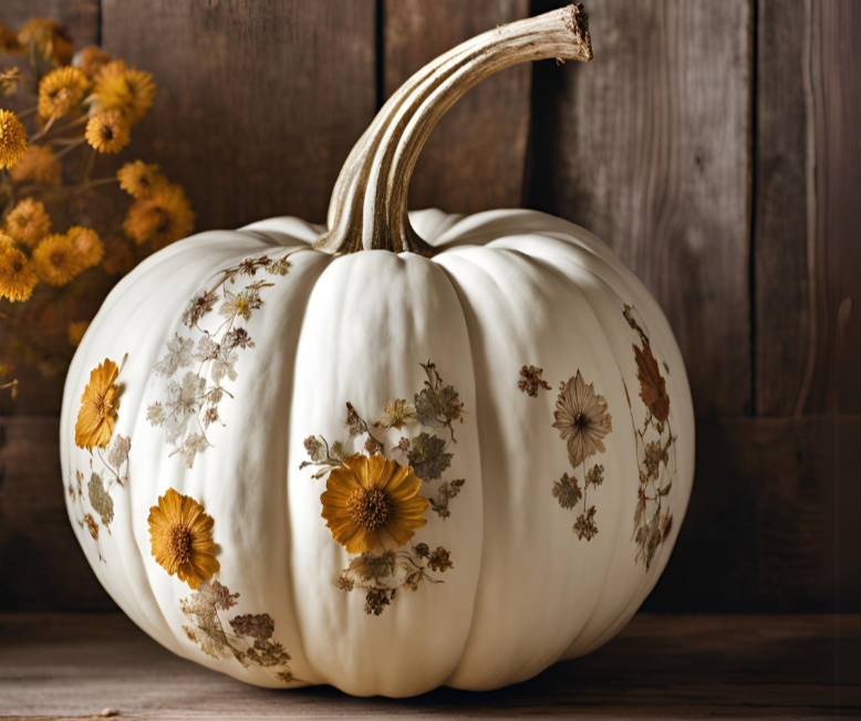 A white pumpkin decorated with pressed flowers.